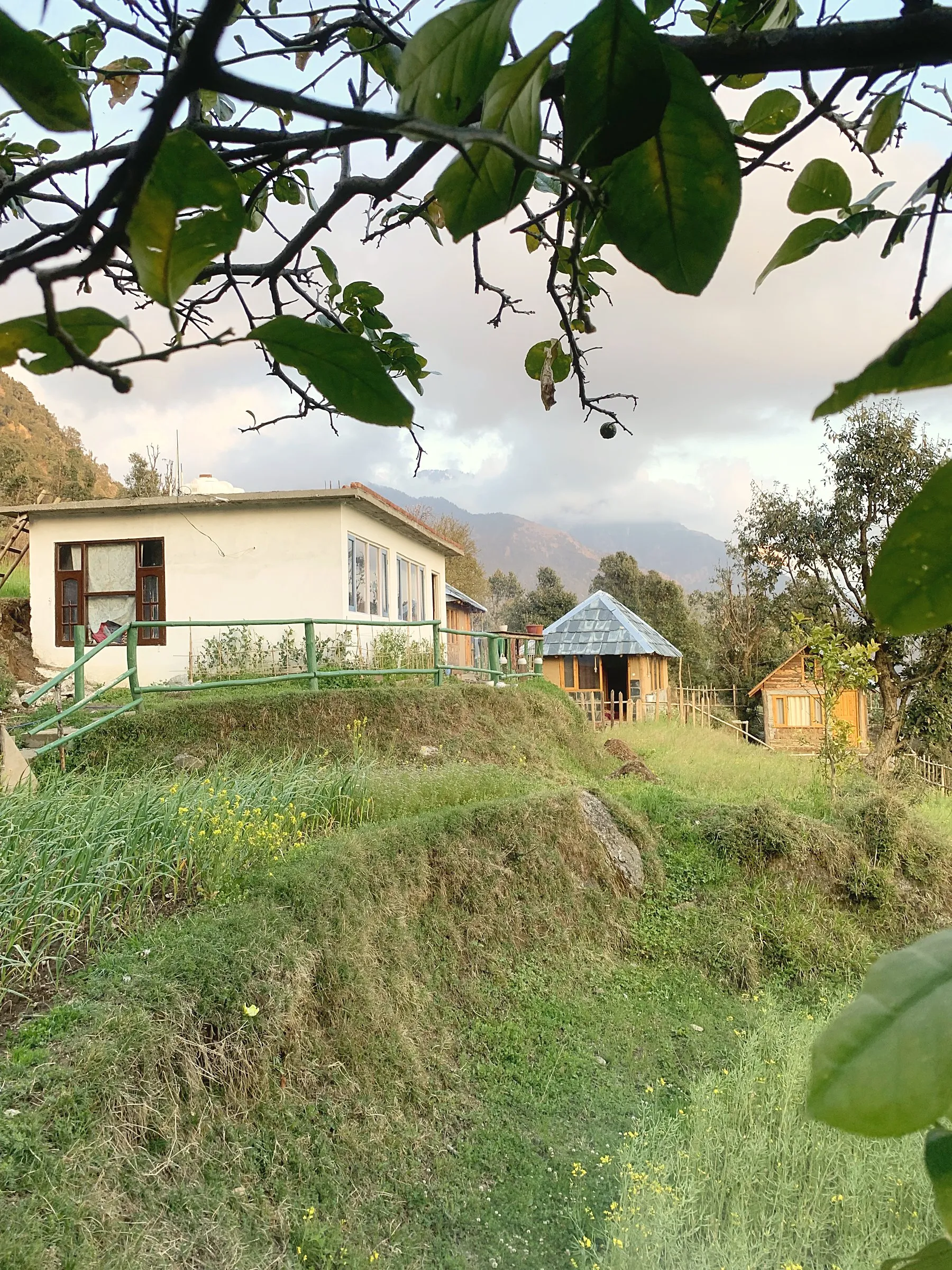 A white house with a green railing and wooden cabins on a grassy hillside