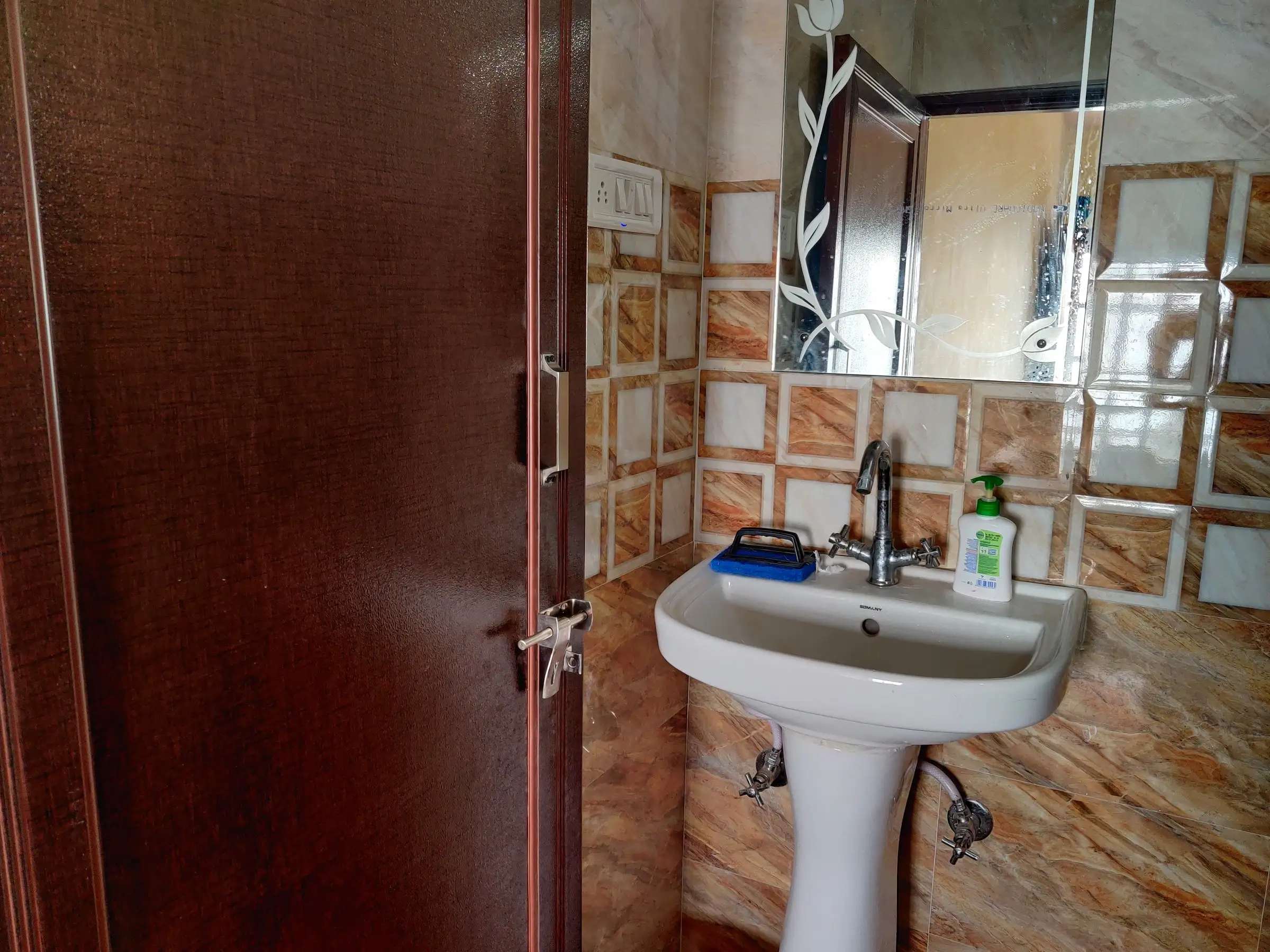 A bathroom with a pedestal basin, a mirror and a wooden door
