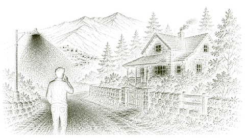 Drawing of a person walking a lamp-lit path to a house at night