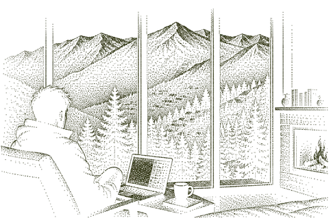 Drawing of someone working at a desk by a window that looks out on mountains