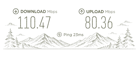 Drawing of a wifi speed test readout set against a mountain range