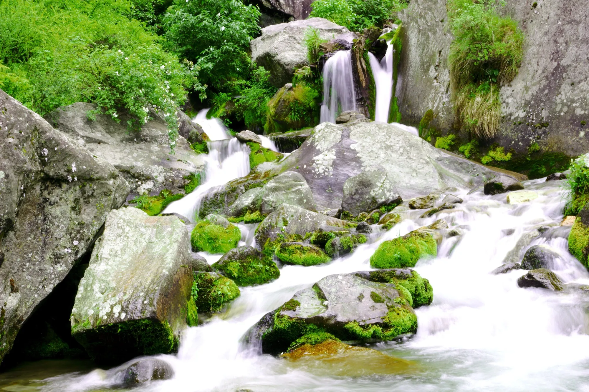 Jogini Falls dropping down a green hillside above Vashisht