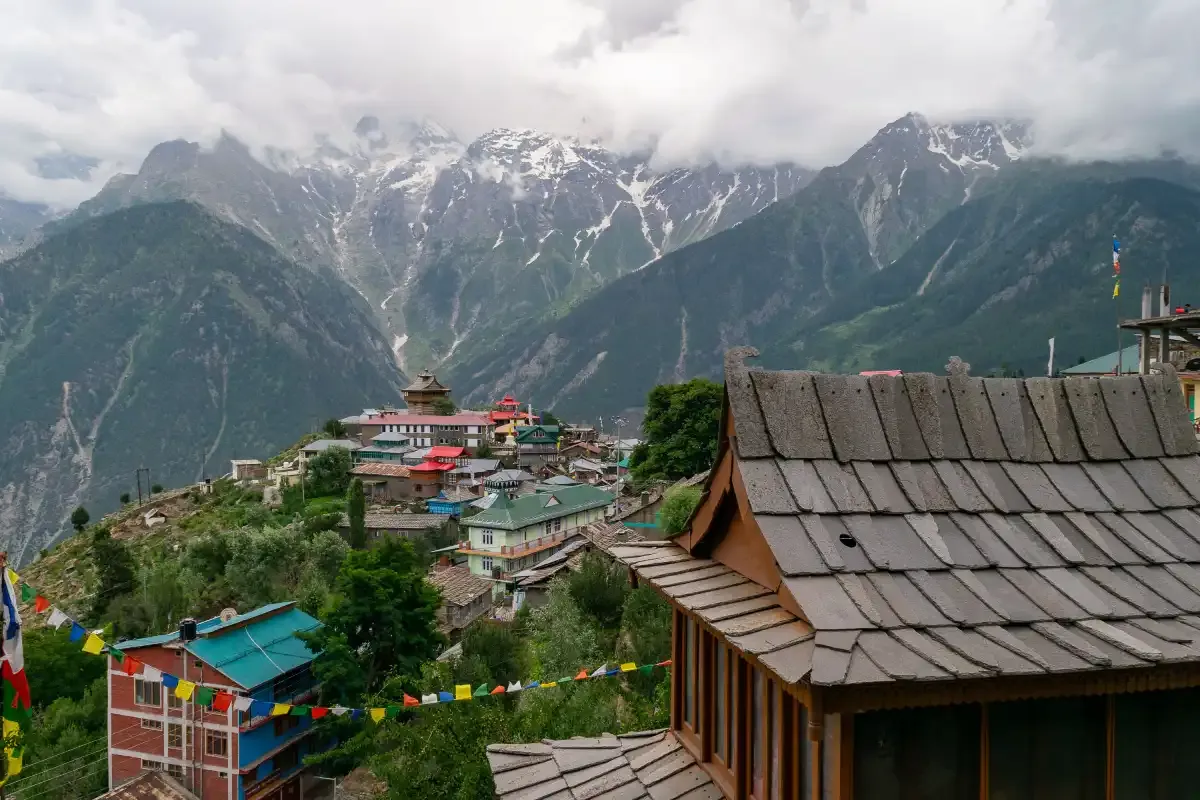 Wooden homes on a green hillside in Manali, Himachal Pradesh