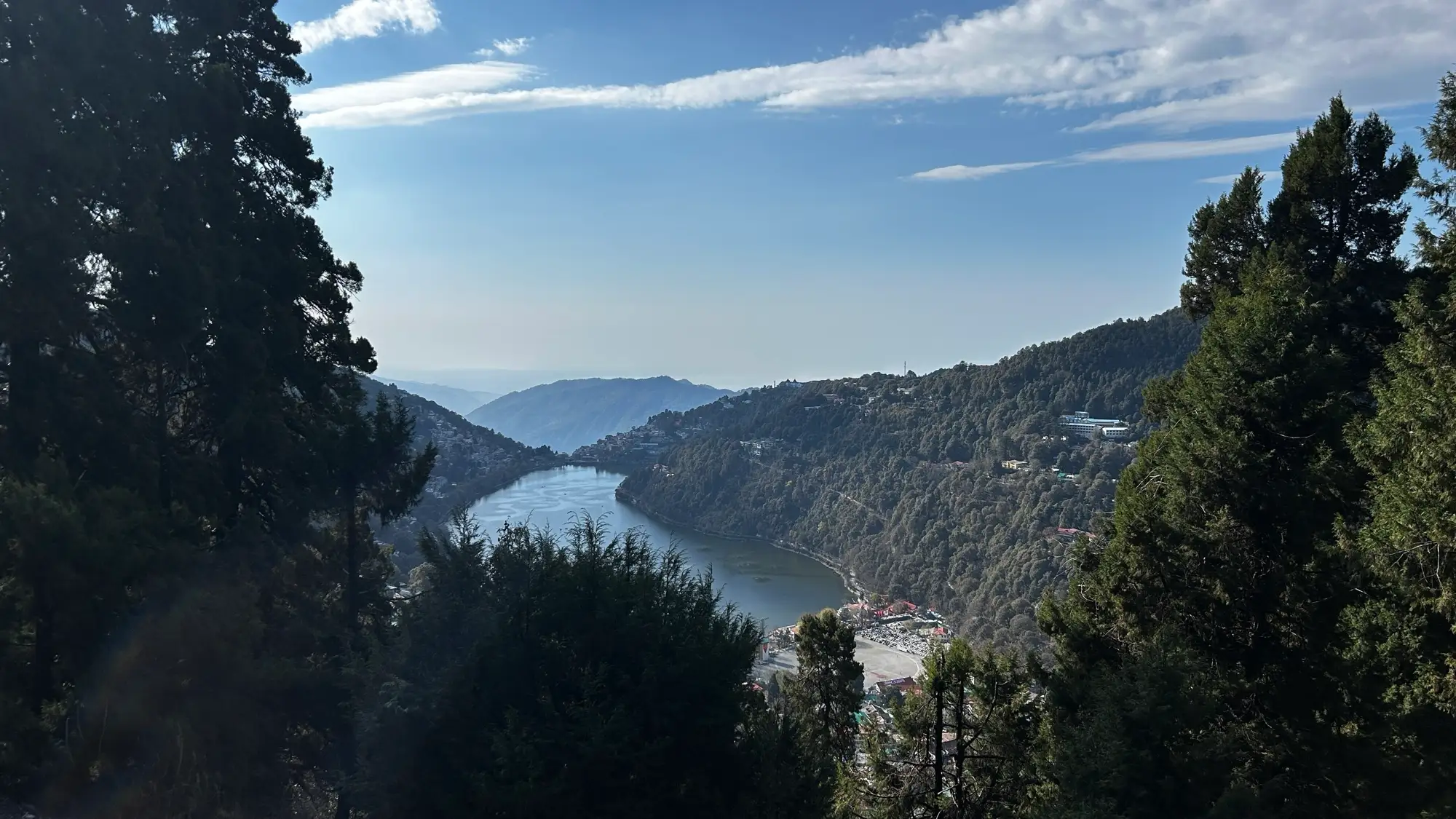 Naini Lake seen through pines from a hillside above the town